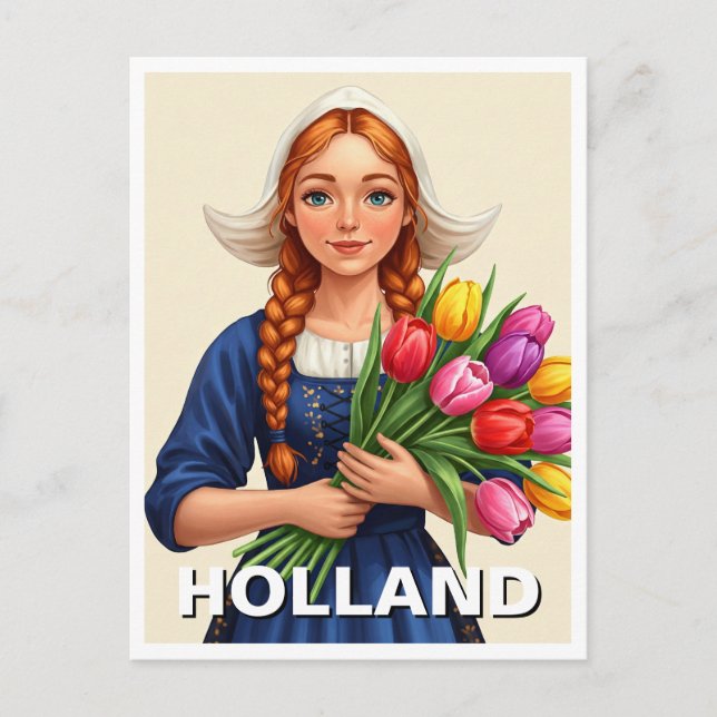 Nederländska Woman Tulips Holland Vykort (Framsida)