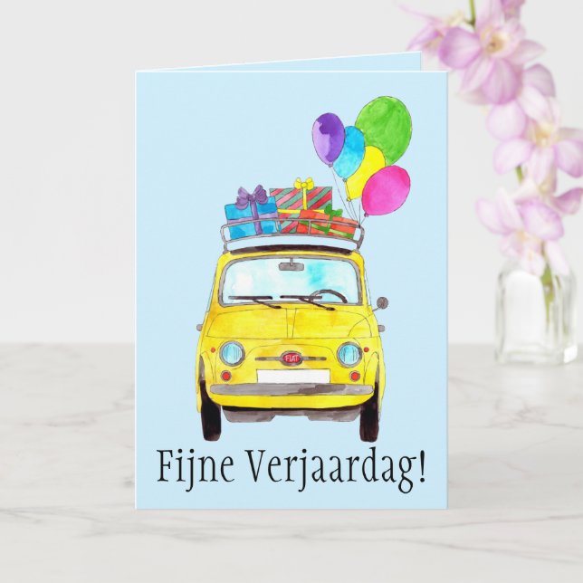 Nederländskt födelsedagskort Retro Fiat 500 Kort (Orkide)