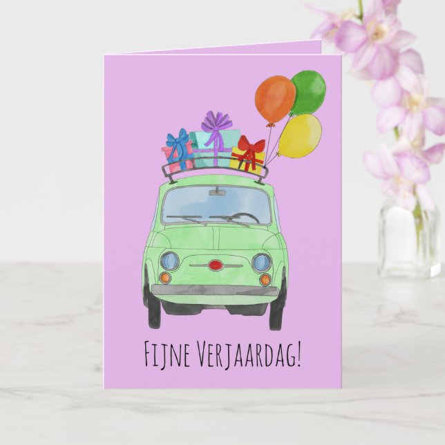 Nederländskt födelsedagskort Retro Fiat 500 Kort (Orkide)