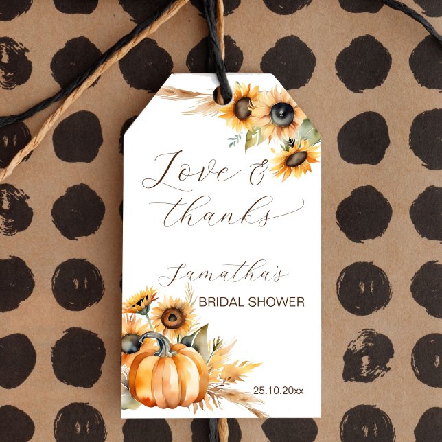 Nedfall i kärlek boho pumkin-solblommor gynnar presentetikett (Fall in love boho pumpkin sunflowers bridal shower favor gift tags earthy yellows pampas grass)