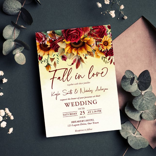 Nedfall i kärlek burgundy ro solblommor bröllop inbjudningar (Fall in love burgundy roses sunflowers wedding invitation editable template instant download)