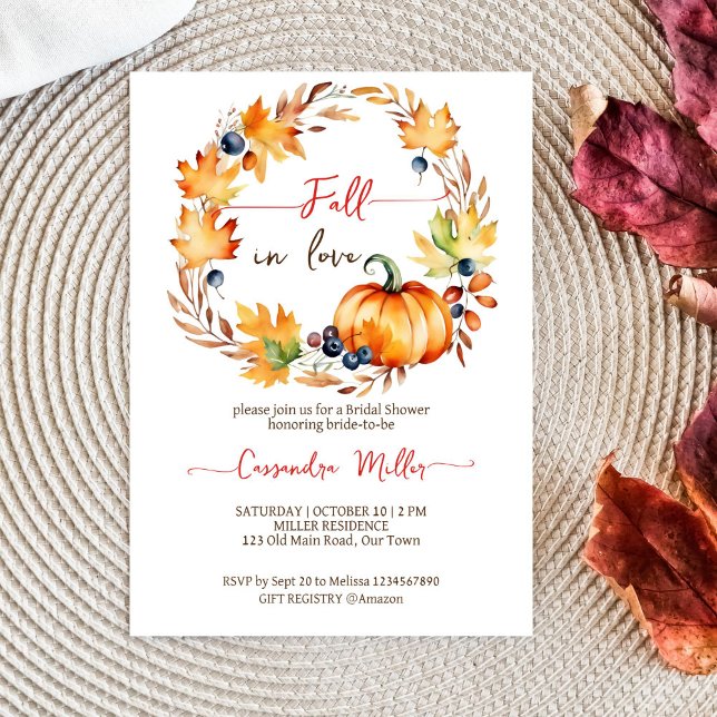 Nedfall i kärlek pumpkin löv-möhippa för krans inbjudningar (Fall in love bridal shower template invitation digital download pumpkin maple leaves berries wreath)