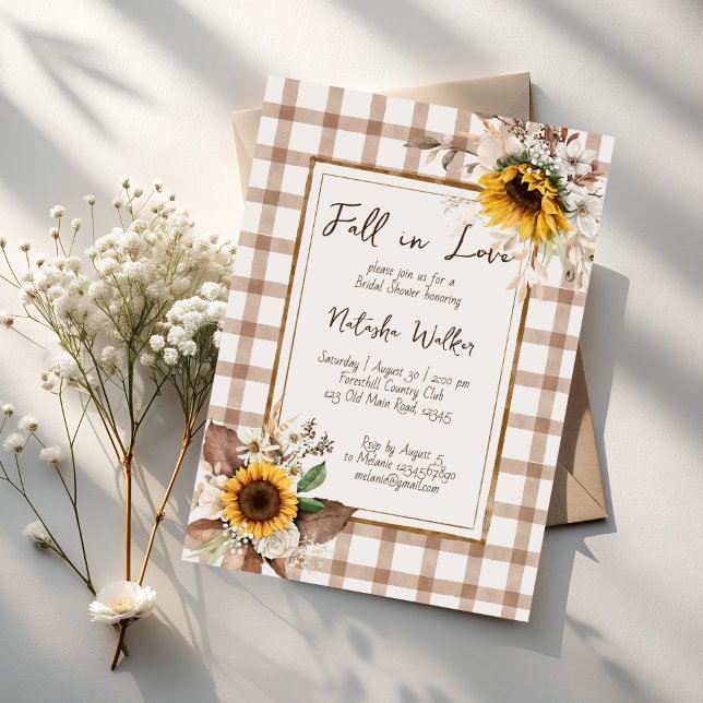 Nedfall i kärlek solblommor land möhippa inbjudningar (Fall in love sunflowers terracotta gingham country bridal shower invitation cards template)
