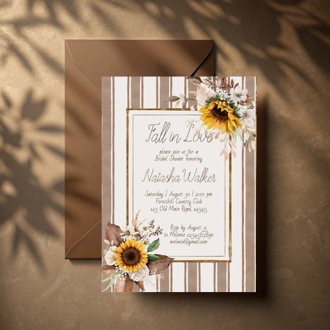 Nedfall i kärlek solrosbruna rand-möhippan inbjudningar (Fall in love sunflowers brown stripes bridal shower invitation template terracotta retro invites)