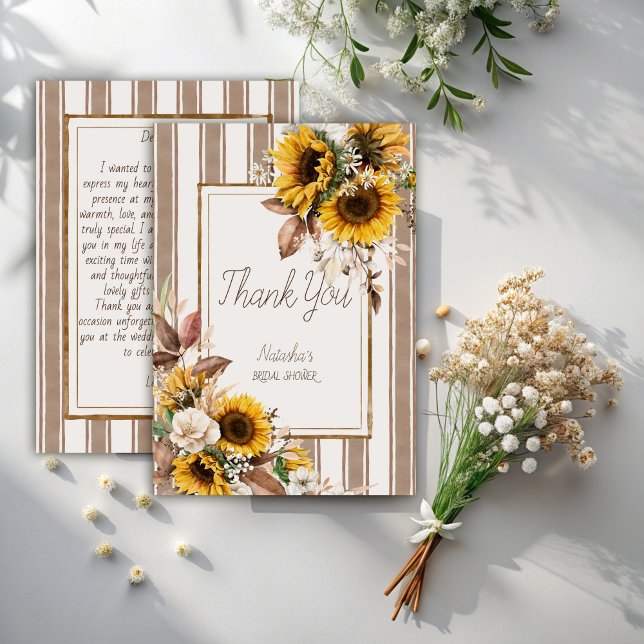 Nedfall i kärlek solrosbruna rand-möhippan tack kort (Fall in love sunflowers brown stripes bridal shower thank you cards modern stripped terracotta)
