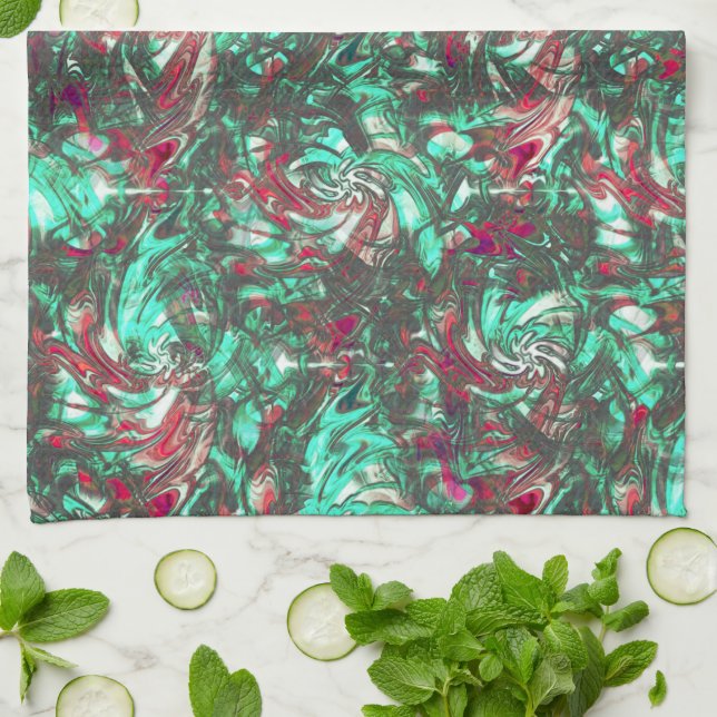 Nedfläckad akvamarin och rött, nedsmutsat med rött kökshandduk (Vikta)