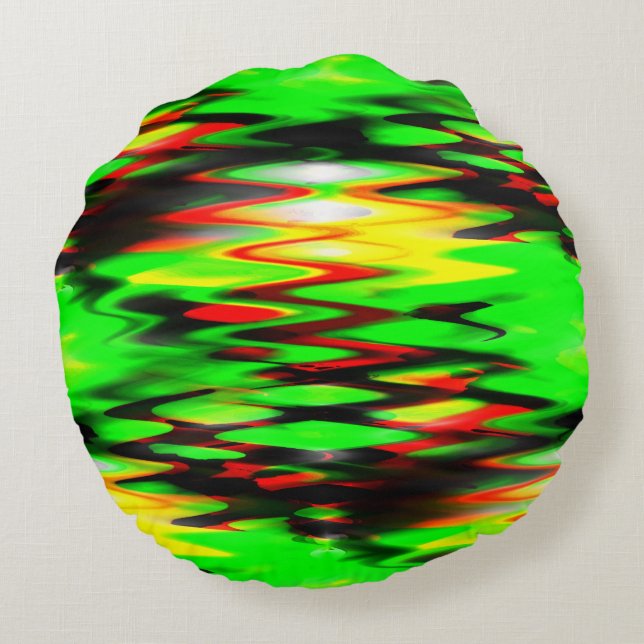 Nedfläckadens grönt och röd abstrakt zig zag rund kudde (Baksidan)
