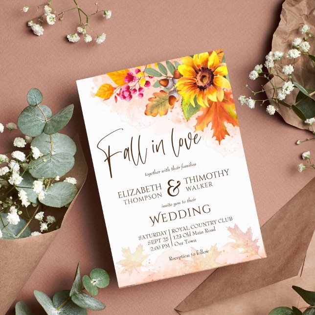 Nedgång i kärlek höstbladsolrosor bröllop inbjudningar (Fall in love autumn wedding invitation template instant download watercolor fall foliage sunflowers)