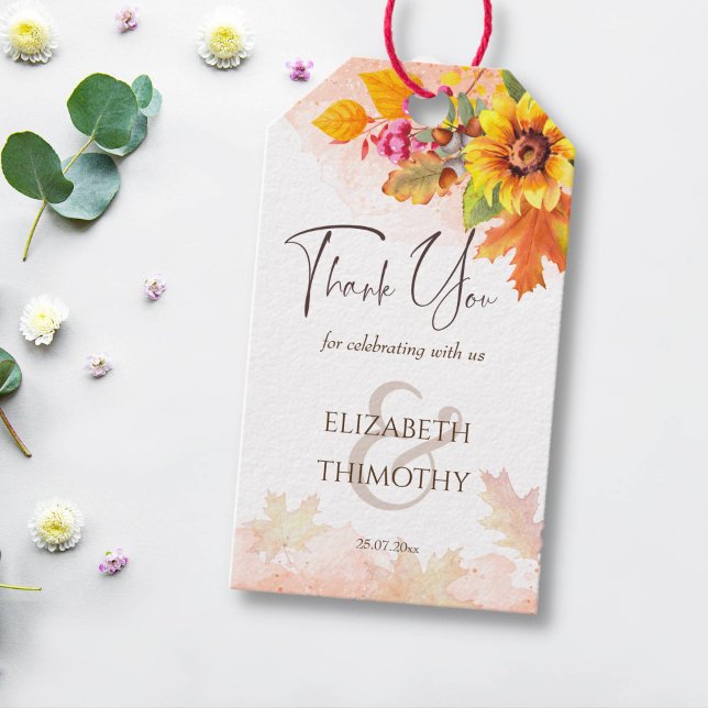 Nedgång i kärlek höstbladsolrosor bröllop presentetikett (Fall wedding favor gift tags sunflowers autumn foliage favor git tags yellow and brown)