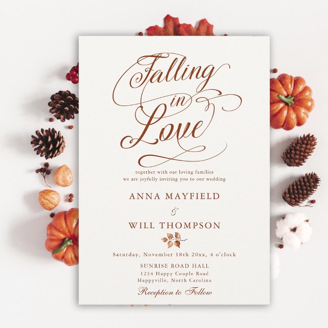 Nedgång i Kärlek Löv Romantisk kalligrafi Bröllop Inbjudningar (falling in love wedding invitation autumn leaves terracotta romantic calligraphy elegant boho rustic)