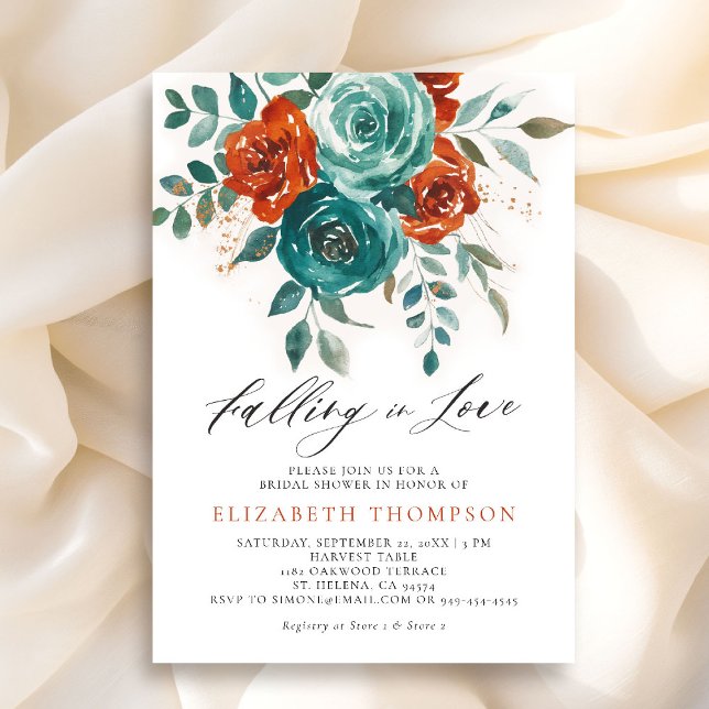 Nedgång i Kärlek Teal Burnt Orange Möhippa Inbjudningar (falling in love bridal shower invitation teal burnt orange terracotta watercolor floral botanical)