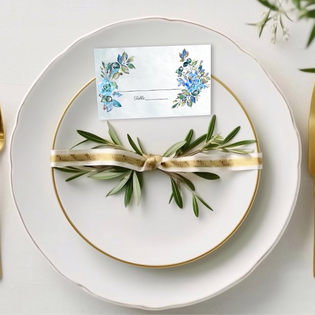 Nedgång i Kärlek, vattenfärgsblått Blommigt Bröllo Placeringskort (Skapare uppladdad)