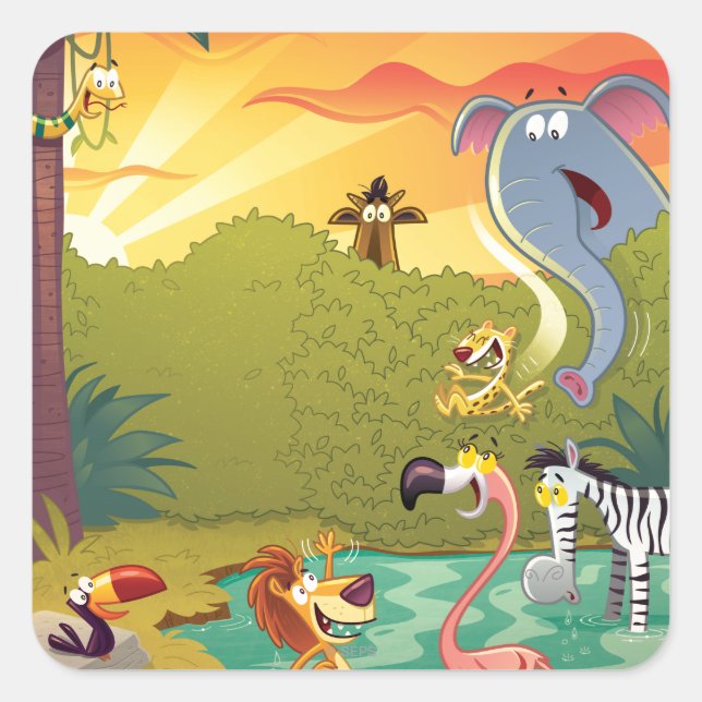 Nedgång vid Vatten Hål Fyrkantigt Klistermärke (Framsida)