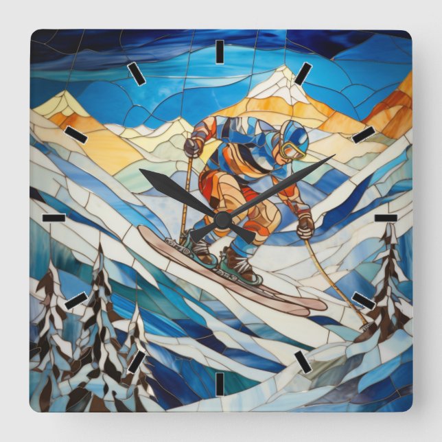 Nedhill Skier Wall Clock Fyrkantig Klocka (Framsida)