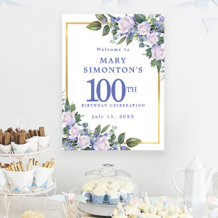 Nedladdningsbar blå vit Blommigt 100:e födelsedage Poster