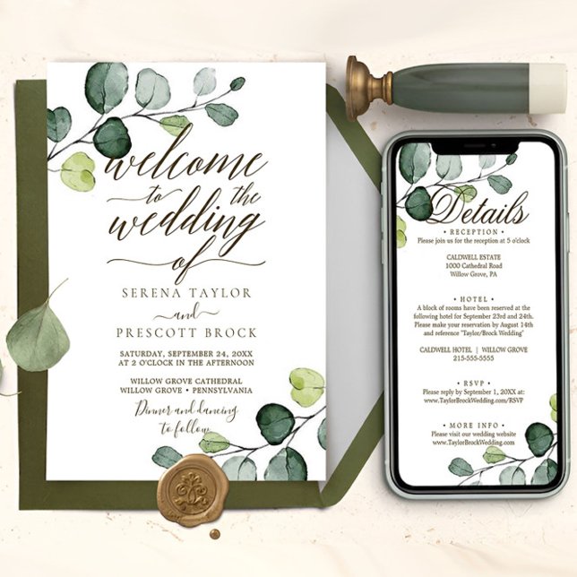 Nedladdningsbara eukalyptus Calligraphy Bröllop Inbjudningar (eucalyptus wedding invite)