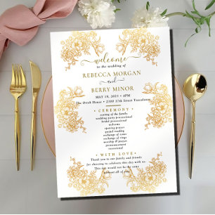 Nedladdningsbart Golden Chic Bouquet Bröllopsprogr Inbjudningar