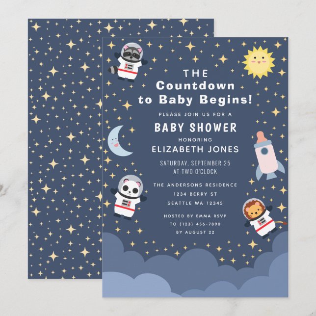 Nedräkning till Baby Space Baby Shower-inbjudan Inbjudningar (Fram/baksida)