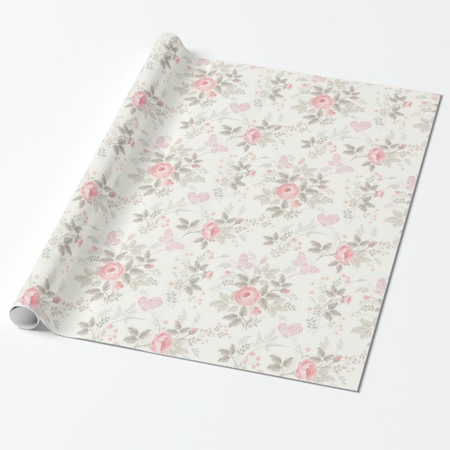 Nedsliten Antik Rosa Rosor Elfenben Brungrå Presentpapper (Utrullad)