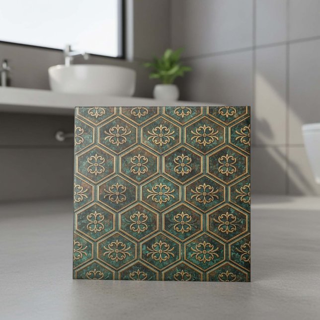 Nedsliten Teal & Brons Hexagon #17 ID1227 Kakelplatta (Skapare uppladdad)