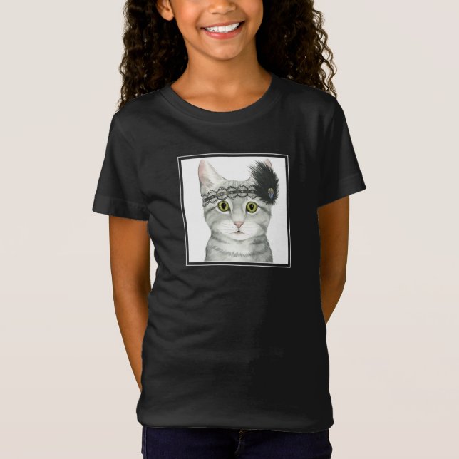 Nedton Cat | Bejeweled med Snöre T Shirt (Framsida)