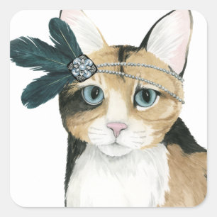 Nedton Cat ejeweled med fjädrar Fyrkantigt Klistermärke