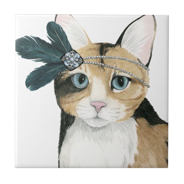 Nedton Cat | ejeweled med fjädrar Kakelplatta (Framsidan)