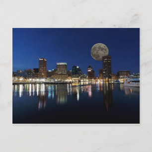 Nedtown Baltimore Maryland Dusk Skyline Måne Vykort