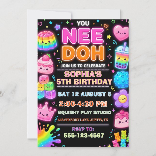 Nee Doh Squishy Sensory Födelsedag  Inbjudningar (Framsida)