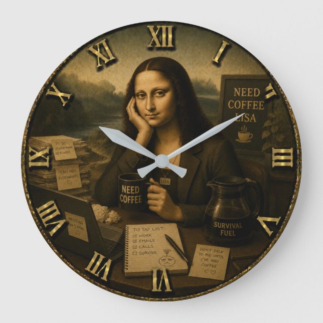 Need Coffee Funny Mona Lisa Coffee Lover Gift  Stor Klocka (Framsida)
