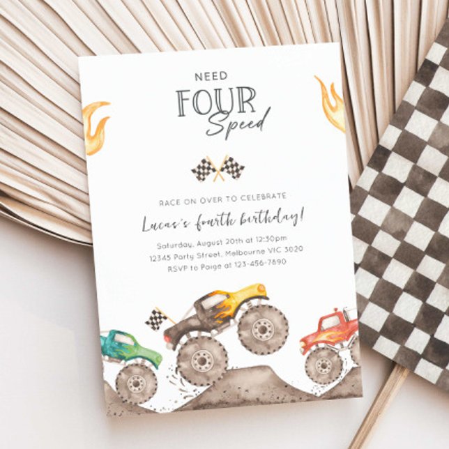 Need Four Speed Monster Truck 4th Birthday Bash Inbjudningar (Skapare uppladdad)