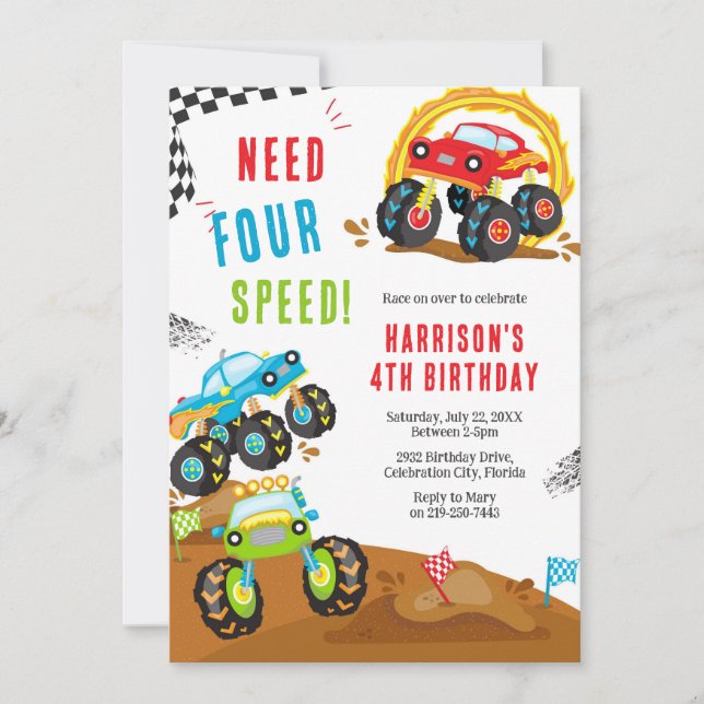 Need Four Speed Monster Truck Boy 4th Birthday Inbjudningar (Framsida)