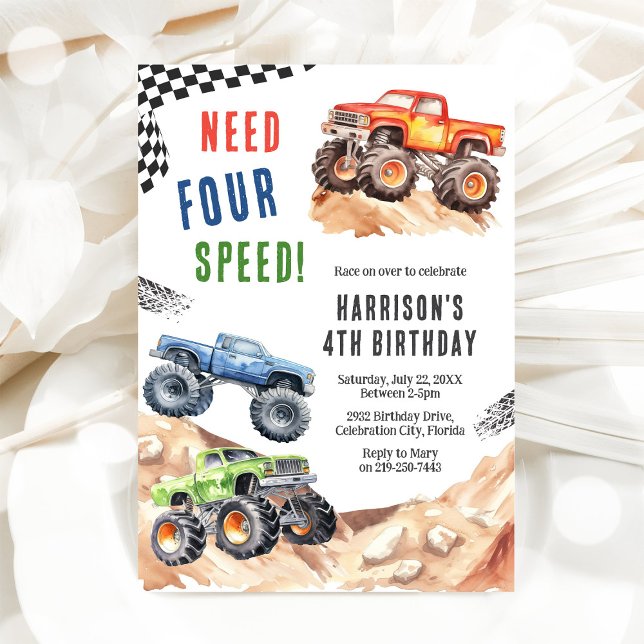 Need Four Speed Monster Truck Boy 4th Birthday Inbjudningar (Skapare uppladdad)
