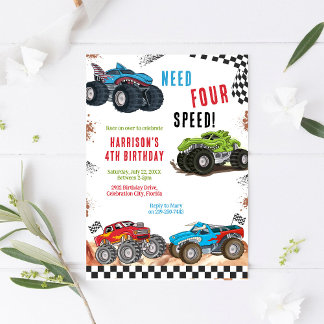 Need Four Speed Monster Truck Boy 4th Birthday  Inbjudningar