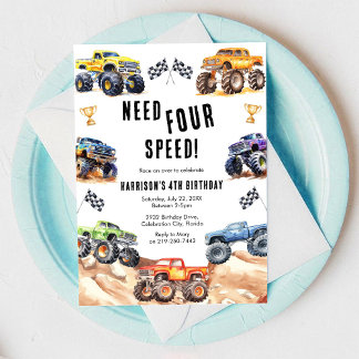 Need Four Speed Monster Truck Boy 4th Birthday  Inbjudningar