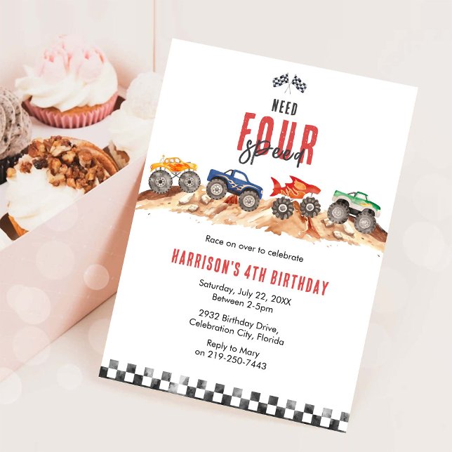 Need Four Speed Monster Truck Boy 4th Birthday Inbjudningar (Skapare uppladdad)