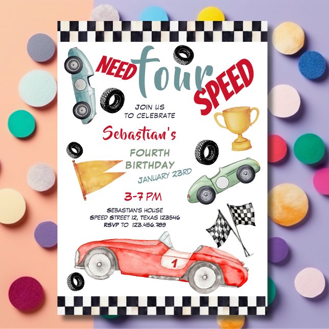 Need four speed racing car fourth kids birthday inbjudningar (Skapare uppladdad)