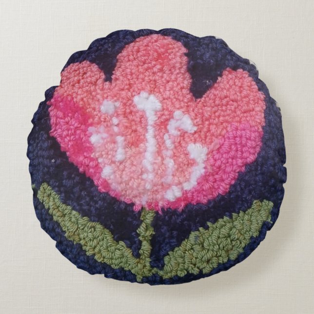 needle punch pink flower design pillow rund kudde (Framsidan)
