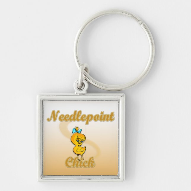 Needlepoint-Chick Fyrkantig Silverfärgad Nyckelring (Framsidan)