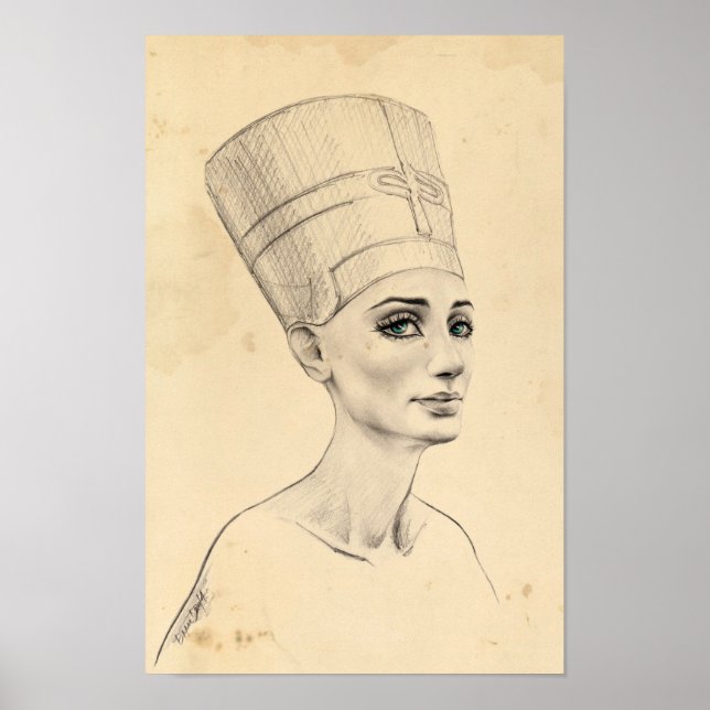 Nefertiti porträtt teckning Ancient Egypten papyru Poster (Framsidan)