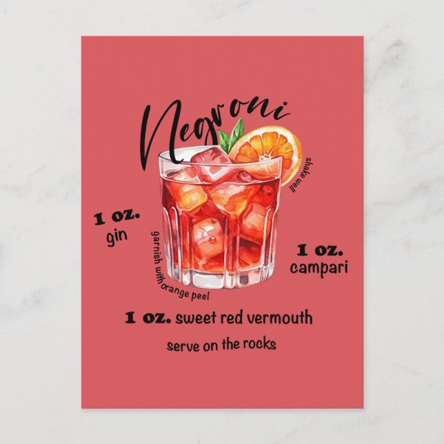 Negroni Recipe Cocktail Pub Kitchen Art Vykort (Framsida)