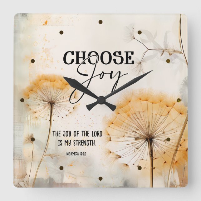 Nehemiah 8:10 Joy of the Lord Bible Dandelion Fyrkantig Klocka (Framsida)