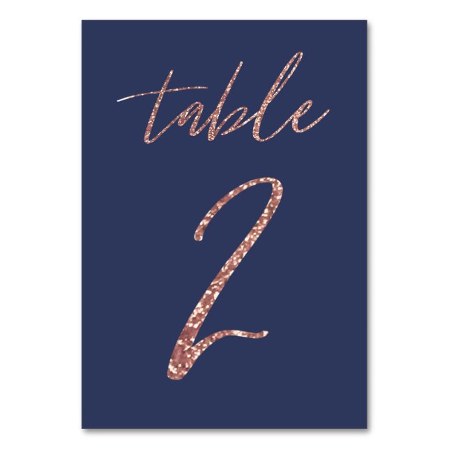 Nej, 2 - Glam Glitter Roséguld och Blå Bröllop Bordsnummer (Framsidan)