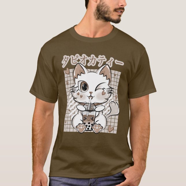 Neko Kattunge Drinking Bubble Mjölk Tea Japanska K T Shirt (Framsida)