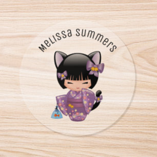 Neko Kokeshi Docka Kattehår Geisha Flicka Runt Klistermärke