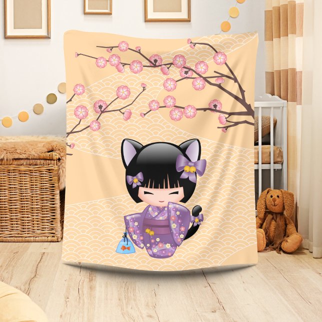 Neko Kokeshi Docka - Kattehörn Geisha Flicka Fleecefilt (Skapare uppladdad)