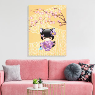 Neko Kokeshi Docka - Kattehuvad Geisha Flicka Canvastryck