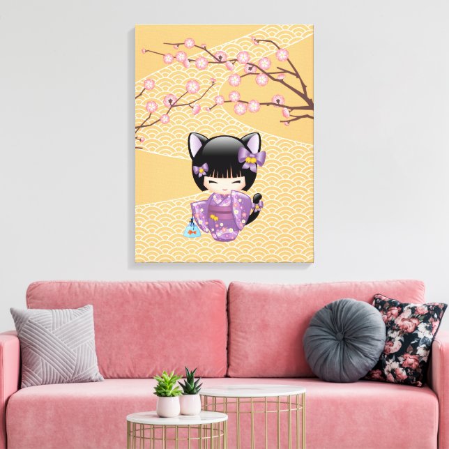 Neko Kokeshi Docka - Kattehuvad Geisha Flicka Canvastryck (Insitu (Vardagsrum))
