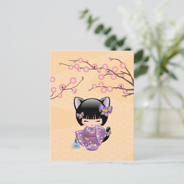 Neko Kokeshi Docka - Kattöron Geisha Flicka Vykort (Stående Fram)