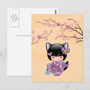Neko Kokeshi Docka - Kattöron Geisha Flicka Vykort